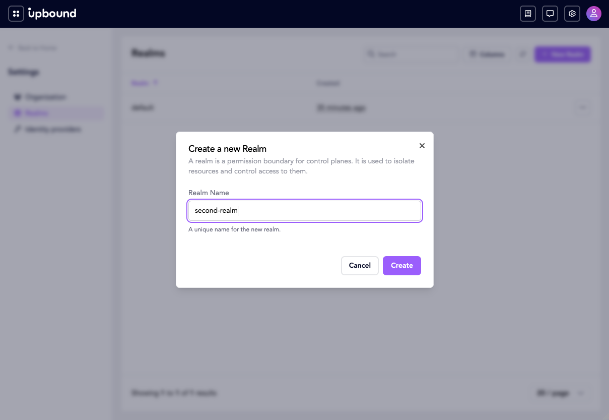 The Create a new Realm dialog with second-realm entered as the realm name