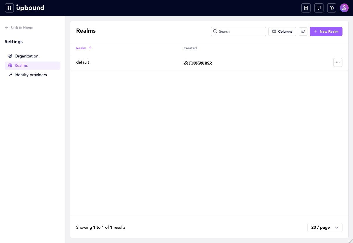 The Realms page on a fresh install, listing only the default realm